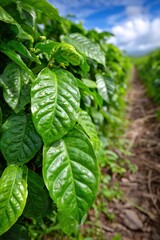 Coffee plants growing under a clear blue sky in a field
