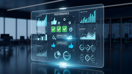 Digital dashboard displaying performance metrics and data visualizations in a modern office