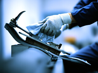 Industrial Worker Wearing Gloves Operating Metal Press Machine in Factory Setting
