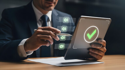 Business professional reviewing data on a tablet with digital code interface