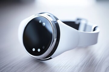 Stylish smartwatch with a sleek design placed on a wooden surface in natural lighting