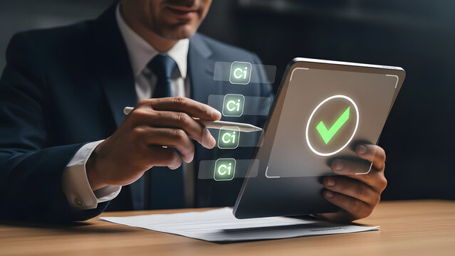 Business professional reviewing data on a tablet with digital code interface - Powered by Adobe