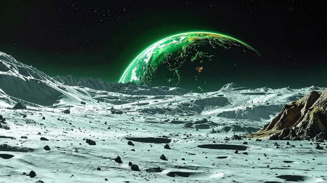 Surreal landscape featuring a y moon surface and a vibrant green planet in the background.