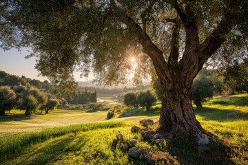 Fototapeta premium Scenic vista featuring a sprawling olive tree casting shadows on a sun-drenched grassy field