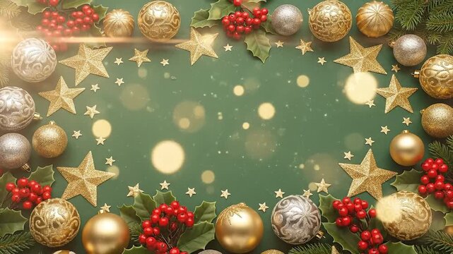 Festive Christmas Frame Gold Stars with Baubles, Holly, and Festive Bokeh.