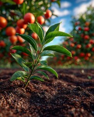 Young plant emerges from dark soil in orange orchard area