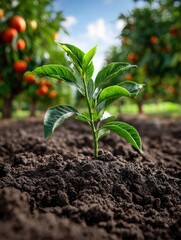 Young plant grows in rich dark soil beneath orange trees