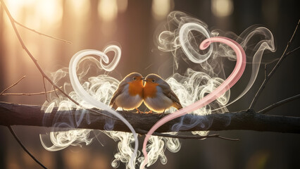 Romantic robins kissing on a branch with smoke hearts, golden hour love