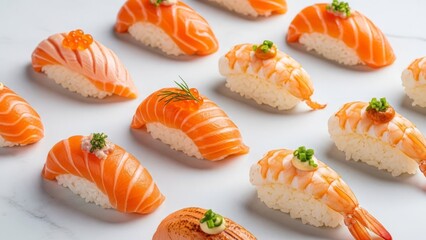 Assortment of gourmet salmon and shrimp sushi variations beautifully arranged for a delightful culinary experience