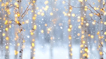 Serene winter scene featuring snow covered trees adorned with glowing lights, creating magical atmosphere