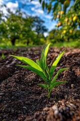 Young plant grows from dark soil in a garden during daytime
