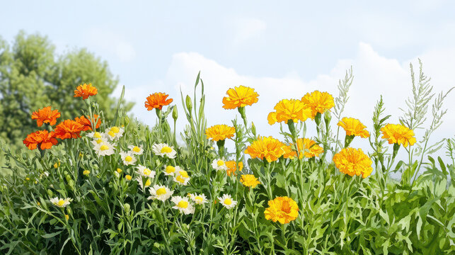 Vibrant display of marigold flowers in various shades of orange and yellow, surrounded by green foliage and white daisies under clear blue sky - Powered by Adobe
