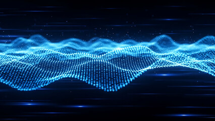 A futuristic digital waveform with glowing blue dots against a dark background