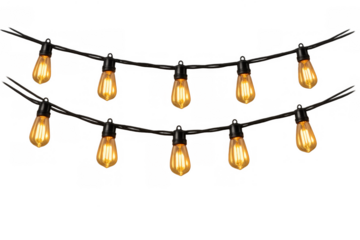 Vintage style edison string lights glowing with warm light, hanging as festive decor, transparent background