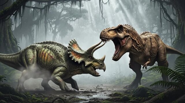 Epic Dinosaur Battle T-Rex Versus Triceratops in Misty Jungle