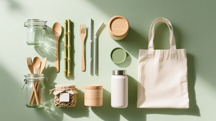 Eco friendly living on conscious consumer habits of sustainable retail with reusable items flat lay for green marketing campaigns ethical branding and product promotion