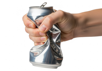 Hand crushing a silver aluminum can isolated on transparent background