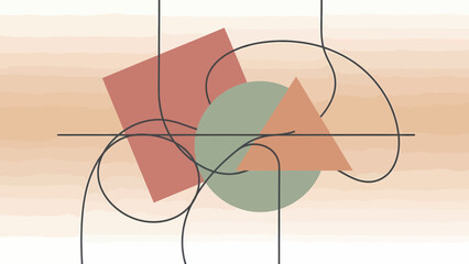 Abstract Geometric Composition with Square Circle Triangle and Curving Lines.