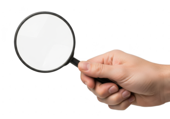 Hand holding a magnifying glass isolated on transparent background