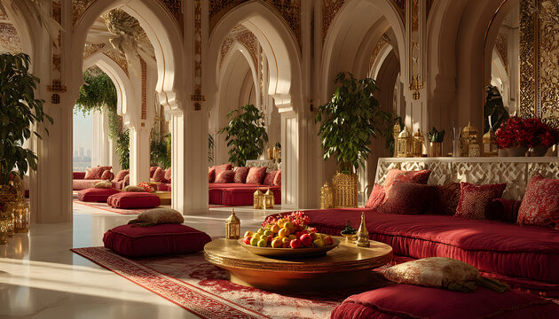Elegant Arabic majlis interior features ornate archways, plush floor seating with intricate red cushions, golden decorative accents. Low coffee table holds bowl of fruits in spacious, well-lit room.