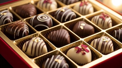 Close-up shot of assorted chocolates in a red gift box with gold compartments and decorative toppings on a dark background.