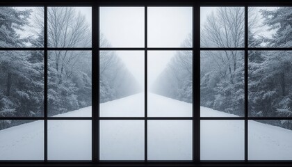 A serene winter landscape viewed through a large window with a snowy road and trees in the background.