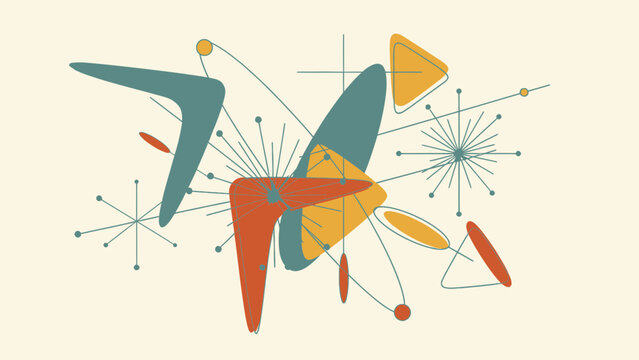 MidCentury Modern Abstract Composition with Geometric Shapes and Starbursts.