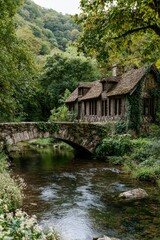 Obraz premium Rustic log kabin beside stream and bridge in green forest