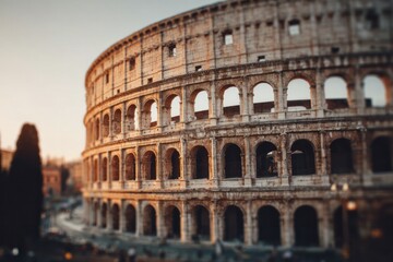 Ancient amphitheater illuminated by warm sunset light shows tiered arches.