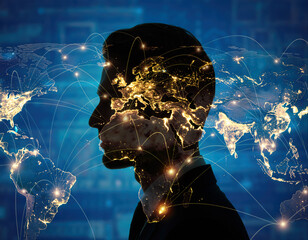 Double exposure of a silhouette and a world map with bright lights connected by lines