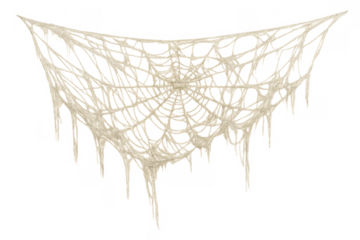 Dirty cobweb with tattered messy spider web structure, hanging sticky netting for halloween decor, transparent background