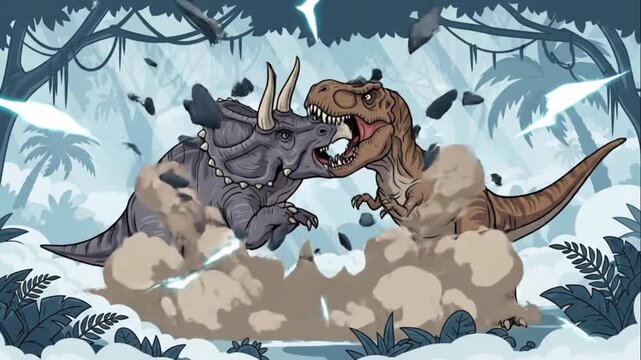 Epic Dinosaur Battle T Rex versus Triceratops Jungle Scene
