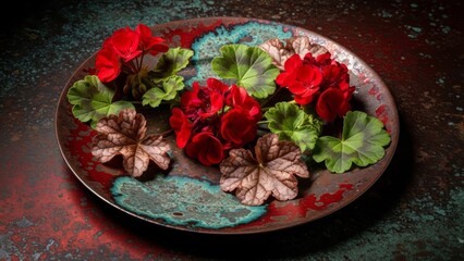 Vibrant red geranium blooms and textured leaves artfully arranged on an oxidized rustic copper plate.