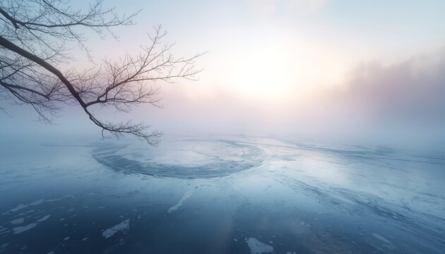 A serene winter landscape with a frozen lake and bare tree branches under a foggy sky - Powered by Adobe