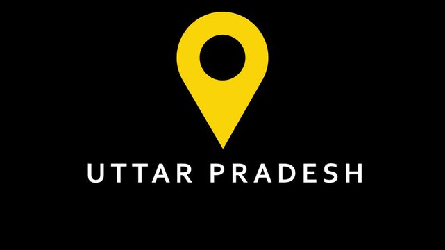 Yellow map pin icon with text Uttar Pradesh on black background India location
