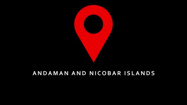 Red map pin icon with text Andaman and Nicobar Islands on black background India location