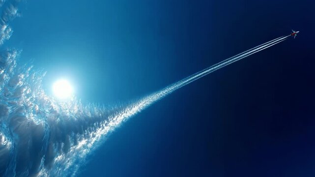 A soaring airplane leaves a majestic contrail in the crystal-clear sky while the radiant sun illuminates the scene, creating a breathtaking view of flight and freedom.
