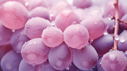 Fresh, dew covered grapes glisten soft light, showcasing their vibrant colors and inviting texture. beauty of nature is captured this close up