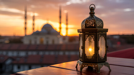 Obraz premium Vintage lantern on table with mosque at sunset