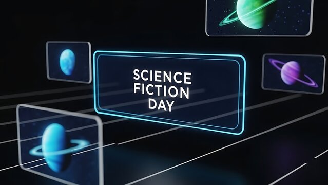 Digital interface celebrating science fiction day with glowing holographic text and colorful alien planets floating in a dark futuristic space environment representing fantasy exploration - Powered by Adobe