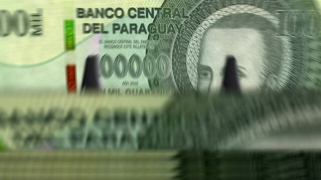 Paraguay guarani Paraguayan money counting machine with banknotes. Quick 100000 PYG currency note down rotation. Business and economy concept loopable and seamless background.