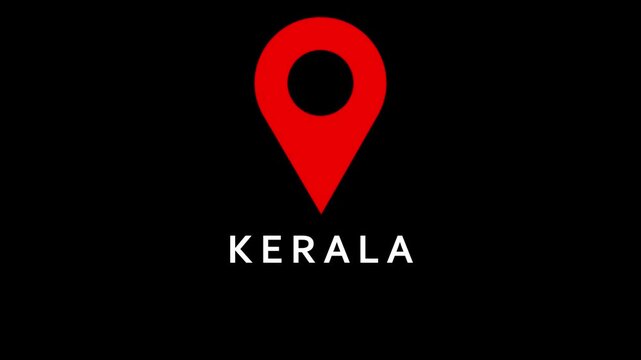 Red location pin icon with the word Kerala in white text on a black background India