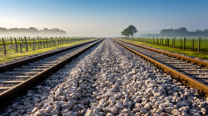 ballast. A long railroad track with gravel stretching to the horizon in morning light. mobility guides, transit brochures, designed for transport & logistics marketing.
