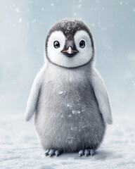 A charming, adorable penguin chick stands in a snowy landscape. The young penguin, with its soft, fluffy feathers, looks directly at the viewer, its big eyes full of curiosity and innocence. © Kyrtap_Studio