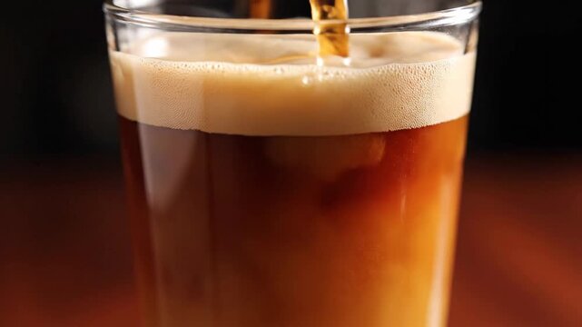 Rich dark beer pouring into a clear glass creating a frothy head, a refreshing beverage for enjoyment