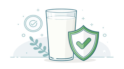 Glass of milk with shield and checkmark for safety and security