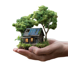Eco-friendly house with solar panels in lush greenery on human hand in warm natural lighting for sustainable living