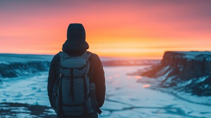 A silhouetted hiker stands before a breathtaking sunset over a frozen landscape, capturing a moment of tranquility and adventure in nature.