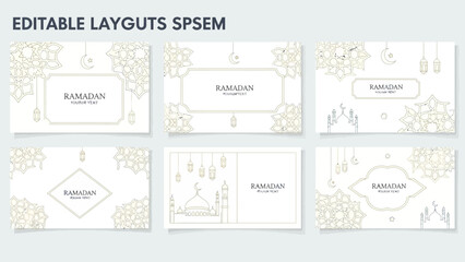 A collection of six Eid Mubarak and Ramadhan editable social media post layouts with various designs on a clean white and gray background.