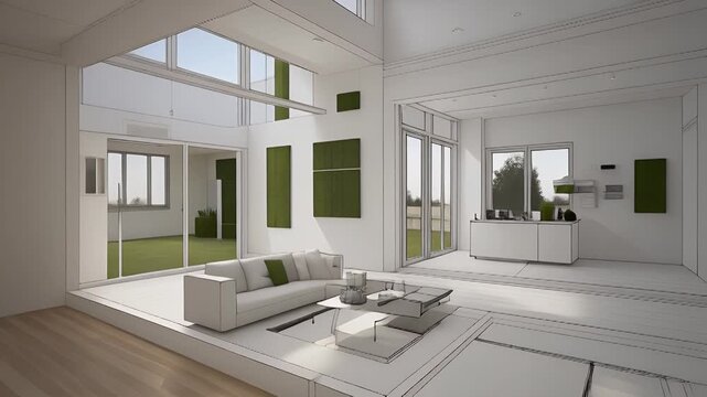 Modern Home Interior Design Visualization with Blueprint Overlay and Natural Light